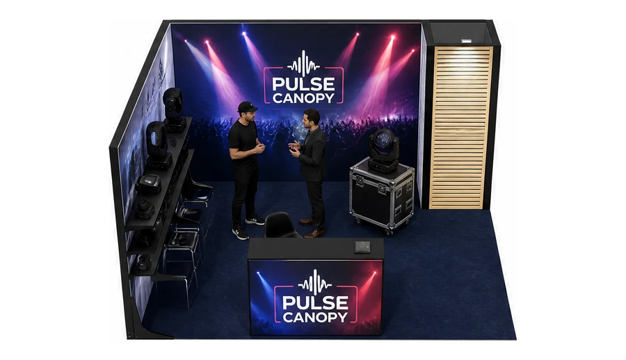 Stoisko 4 × 4 m narożne lewe dla branży branża eventowa, przykładowa marka Pulse Canopy