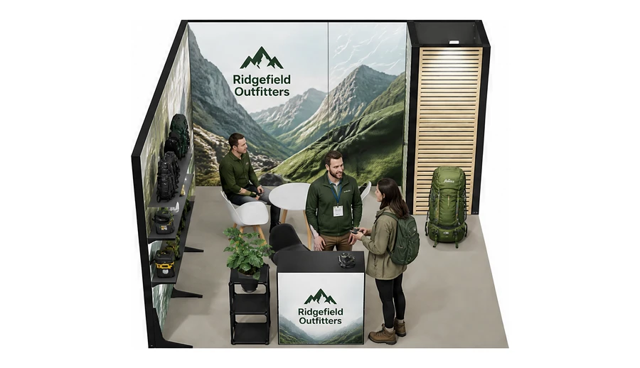 Stoisko 4 × 4 m narożne lewe dla branży odzież i sprzęt outdoorowy, przykładowa marka Ridgefield Outfitters
