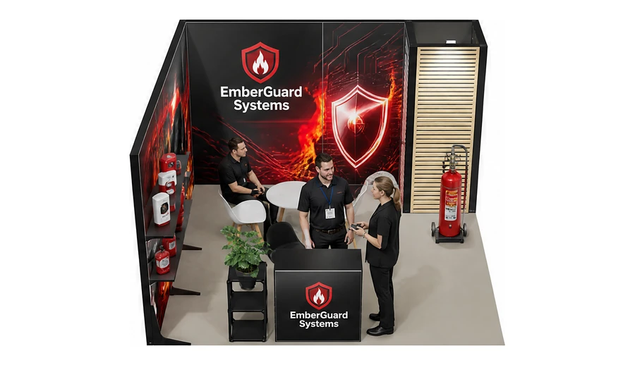 Stoisko 4 × 4 m narożne lewe dla branży ochrona przeciwpożarowa, przykładowa marka EmberGuard Systems