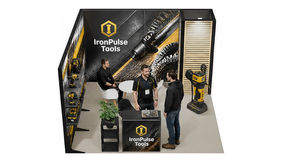 Stoisko 4 × 4 m narożne lewe dla branży elektronarzędzia, przykładowa marka IronPulse Tools