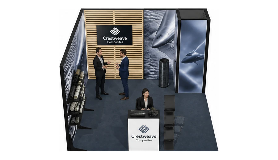 Stoisko 4 × 4 m narożne lewe dla branży materiały kompozytowe, przykładowa marka Crestweave Composites