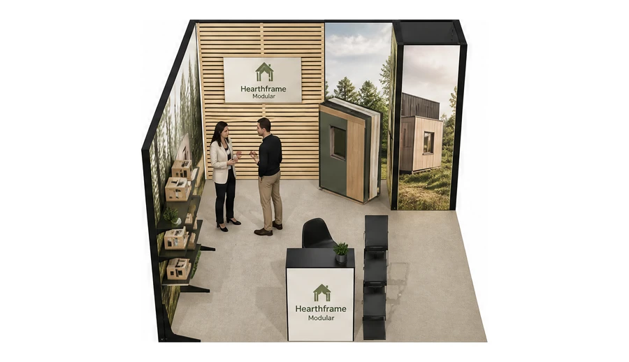 Stoisko 4 × 4 m narożne lewe dla branży domy modułowe i prefabrykacja, przykładowa marka Hearthframe Modular