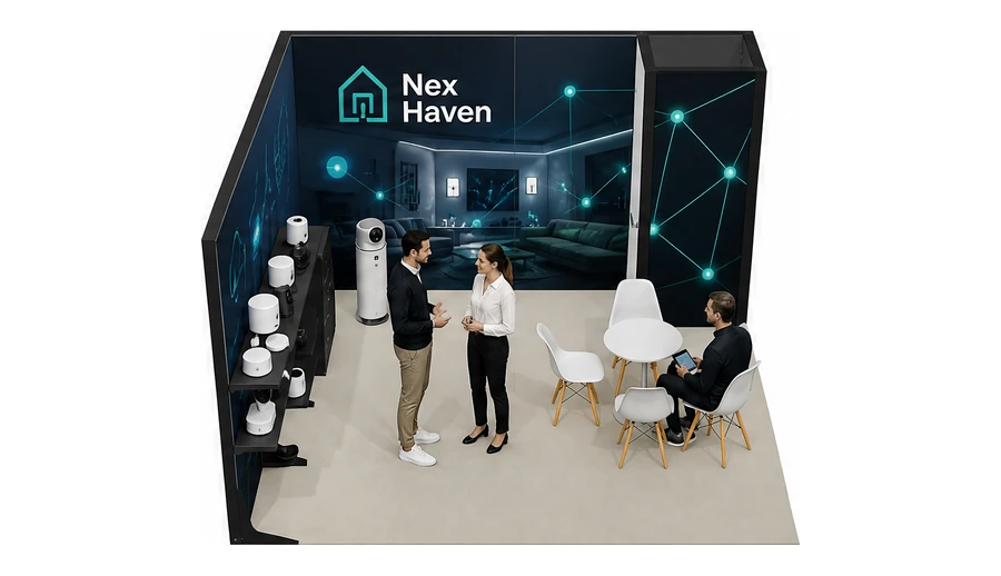Stoisko 4 × 4 m narożne lewe dla branży smart home i IoT, przykładowa marka Nex Haven