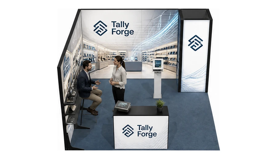 Stoisko 4 × 4 m narożne lewe dla branży technologie dla handlu, przykładowa marka Tally Forge