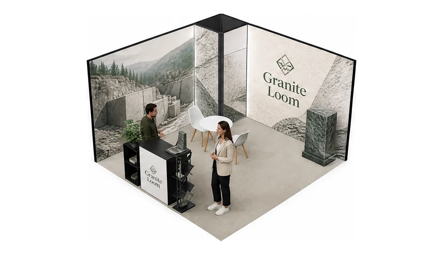Stoisko 4 × 4 m narożne lewe dla branży kamień i kamieniarstwo, przykładowa marka Granite Loom