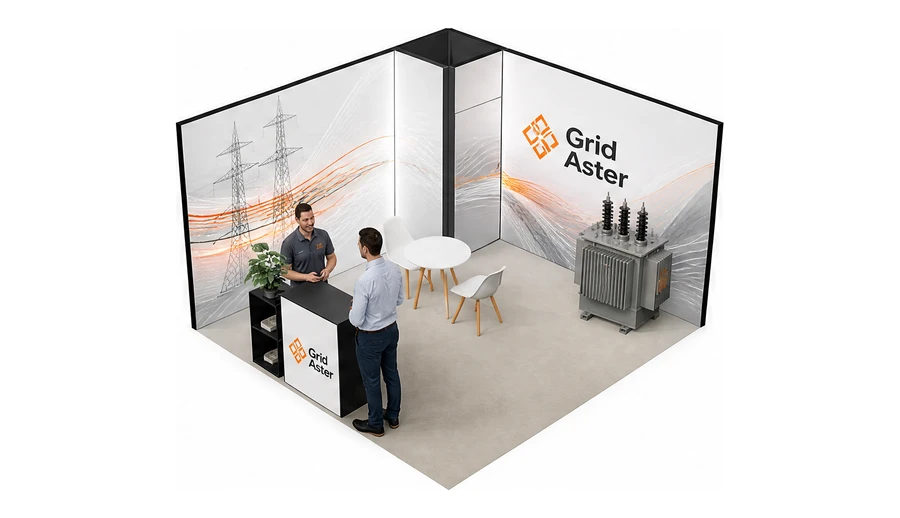 Stoisko 4 × 4 m narożne lewe dla branży energetyka i sieci, przykładowa marka Grid Aster