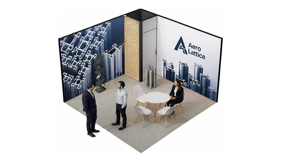 Stoisko 4 × 4 m narożne lewe dla branży profile aluminiowe, przykładowa marka Aero Lattice