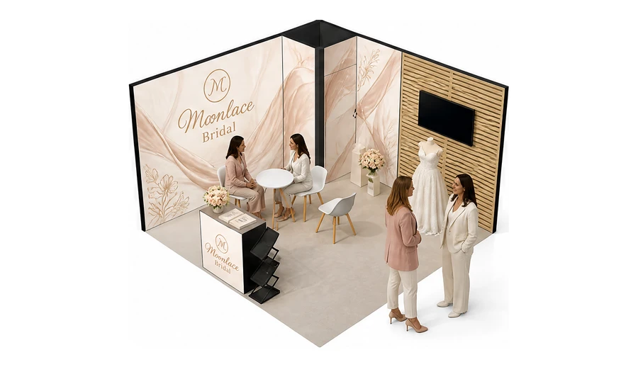 Stoisko 4 × 4 m narożne lewe dla branży branża ślubna, przykładowa marka Moonlace Bridal