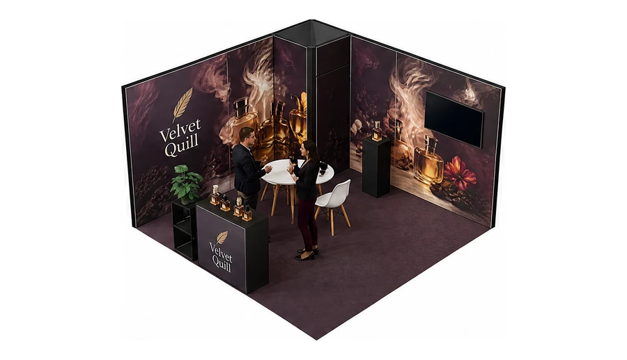 Stoisko 4 × 4 m narożne lewe dla branży perfumy, przykładowa marka Velvet Quill