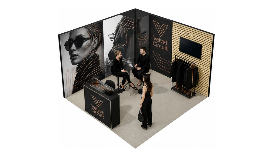 Stoisko 4 × 4 m narożne lewe dla branży odzież i moda, przykładowa marka Velvet Circuit