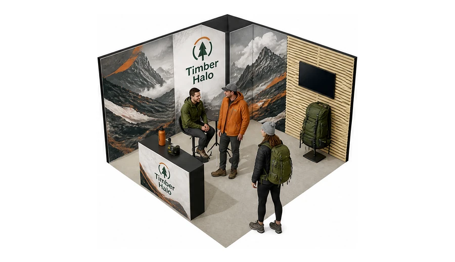 Stoisko 4 × 4 m narożne lewe dla branży odzież i sprzęt outdoorowy, przykładowa marka Timber Halo