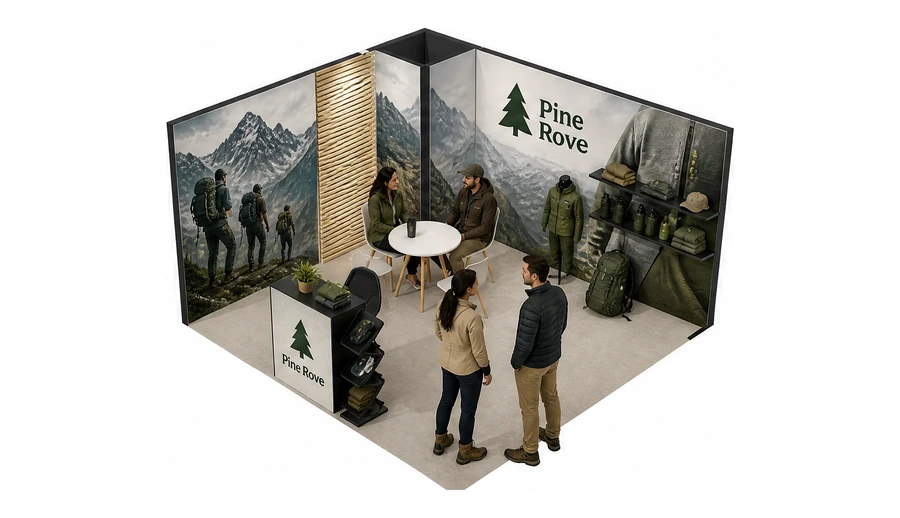 Stoisko 4 × 4 m narożne lewe dla branży odzież i sprzęt outdoorowy, przykładowa marka Pine Rove