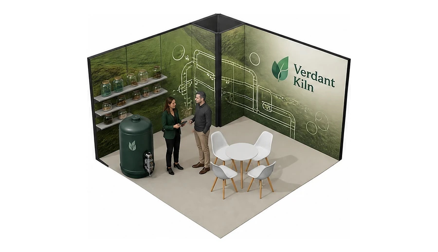 Stoisko 4 × 4 m narożne lewe dla branży biogaz i OZE, przykładowa marka Verdant Kiln