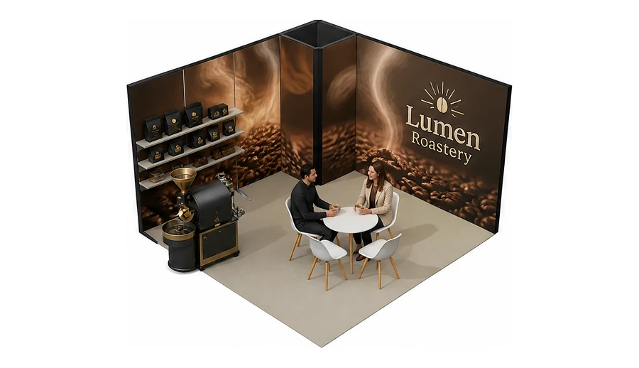 Stoisko 4 × 4 m narożne lewe dla branży palarnia kawy, przykładowa marka Lumen Roastery