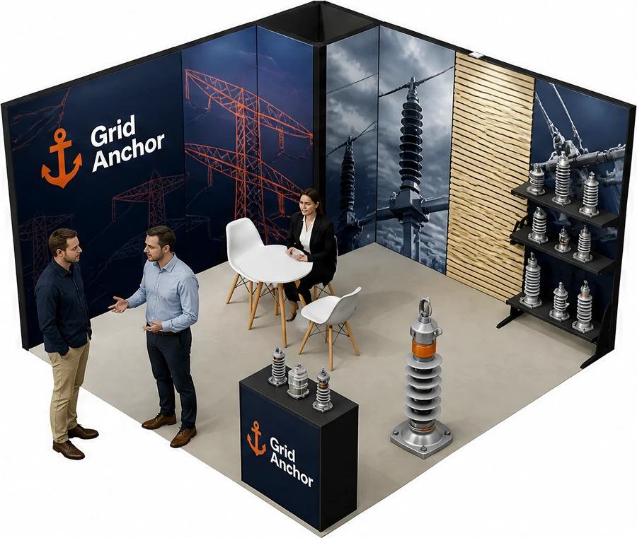 Stoisko 4 × 4 m narożne lewe dla branży energetyka i sieci, przykładowa marka Grid Anchor