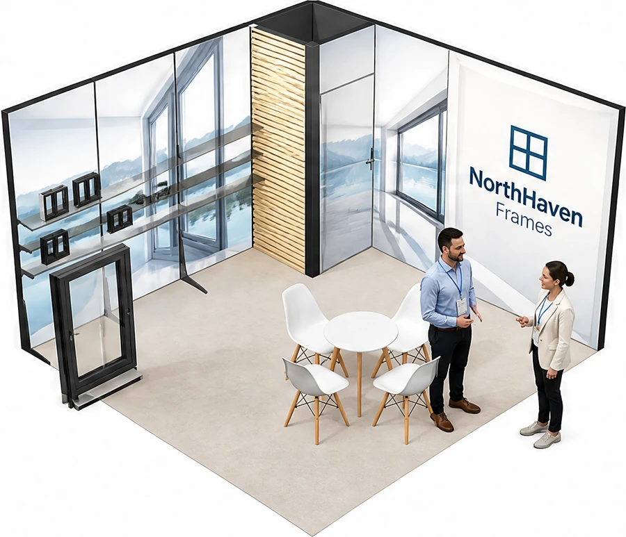 Stoisko 4 × 4 m narożne lewe dla branży okna i drzwi, przykładowa marka NorthHaven Frames