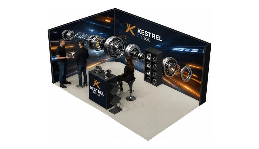 Stoisko 5 × 3 m narożne lewe dla branży części motoryzacyjne, przykładowa marka Kestrel Forge