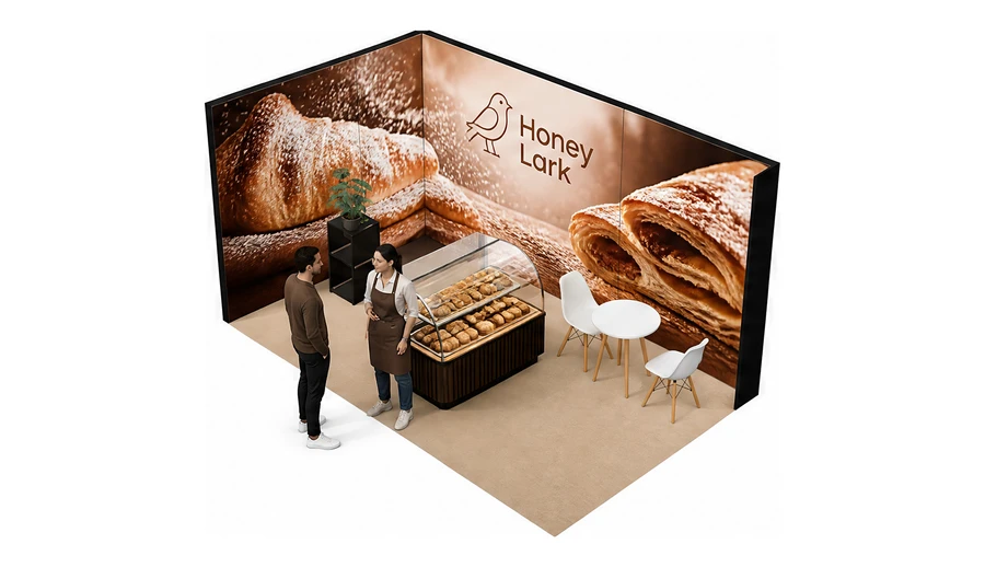 Stoisko 5 × 3 m narożne lewe dla branży piekarnictwo i cukiernictwo, przykładowa marka Honey Lark