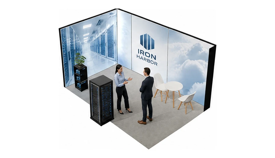 Stoisko 5 × 3 m narożne lewe dla branży infrastruktura IT i data center, przykładowa marka Iron Harbor