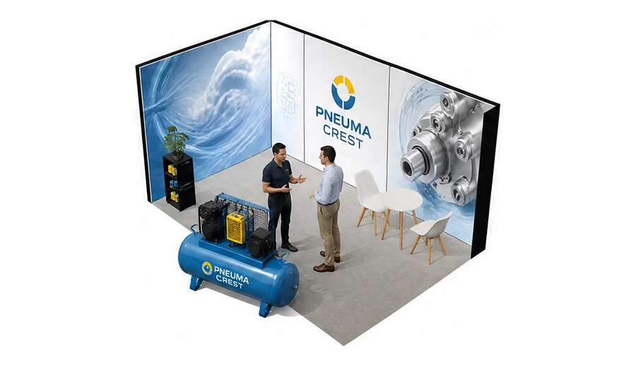 Stoisko 5 × 3 m narożne lewe dla branży pneumatyka i sprężone powietrze, przykładowa marka Pneuma Crest