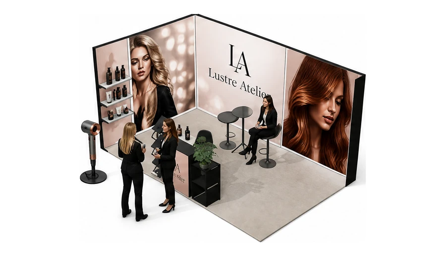 Stoisko 5 × 3 m narożne lewe dla branży fryzjerstwo i salony beauty, przykładowa marka Lustre Atelier