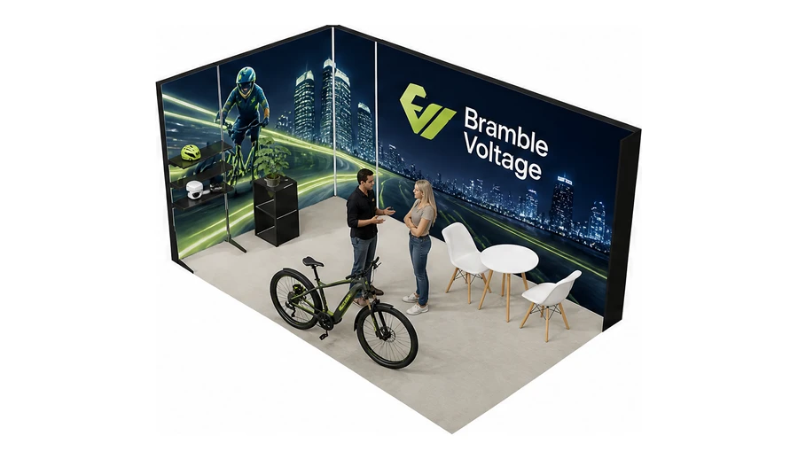 Stoisko 5 × 3 m narożne lewe dla branży rowery elektryczne, przykładowa marka Bramble Voltage