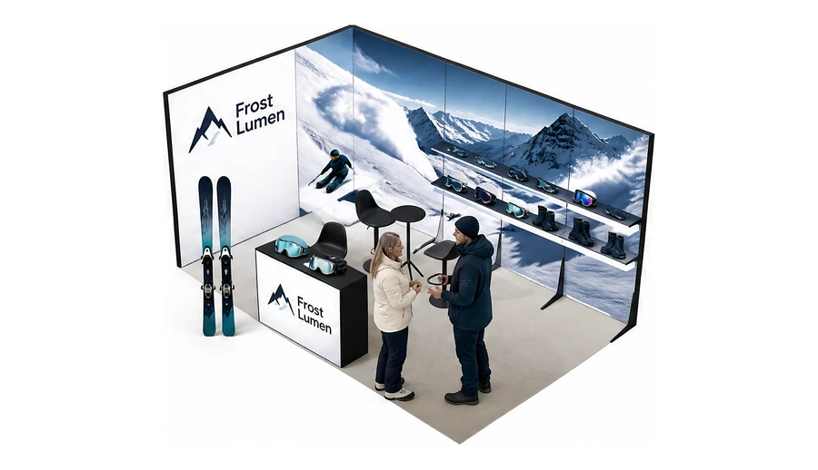 Stoisko 5 × 3 m narożne lewe dla branży narciarstwo i sporty zimowe, przykładowa marka Frost Lumen