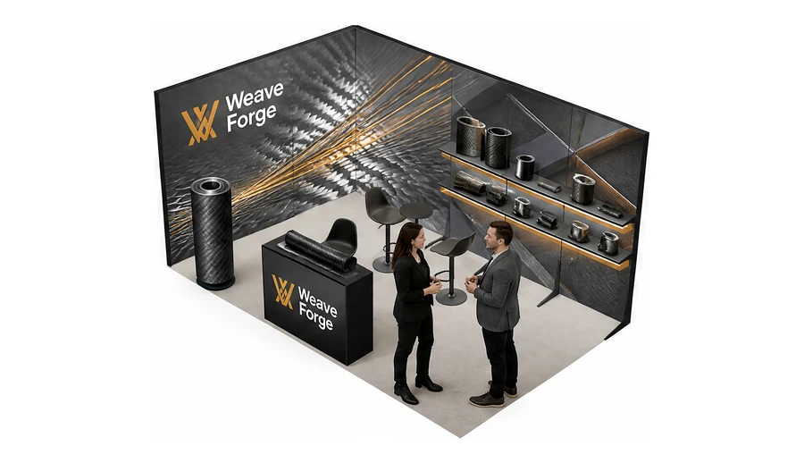 Stoisko 5 × 3 m narożne lewe dla branży materiały kompozytowe, przykładowa marka Weave Forge