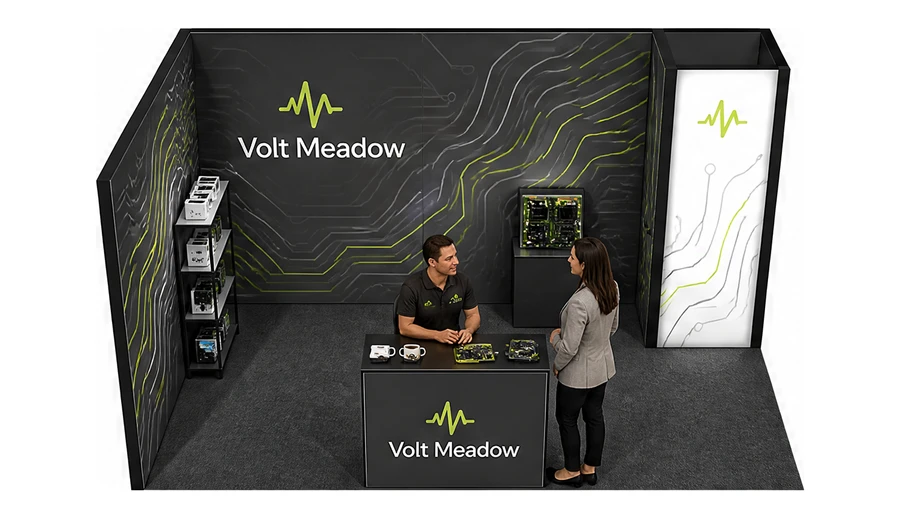 Stoisko 5 × 3 m narożne lewe dla branży komponenty elektroniczne, przykładowa marka Volt Meadow