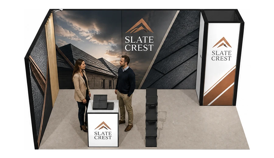 Stoisko 5 × 3 m narożne lewe dla branży dachy i elewacje, przykładowa marka Slate Crest