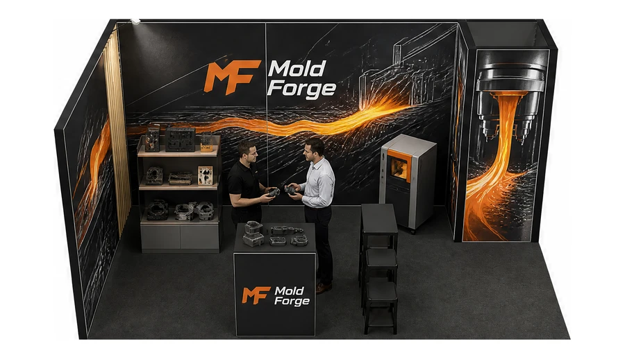 Stoisko 5 × 3 m narożne lewe dla branży przetwórstwo tworzyw, przykładowa marka Mold Forge