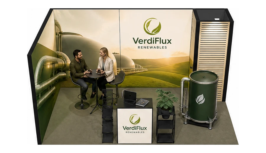 Stoisko 5 × 3 m narożne lewe dla branży biogaz i OZE, przykładowa marka VerdiFlux Renewables