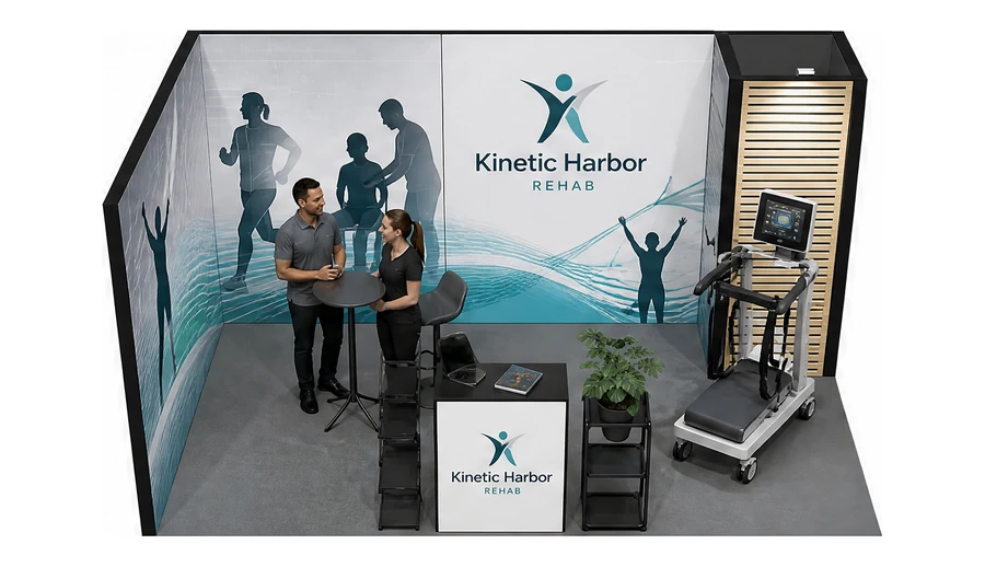 Stoisko 5 × 3 m narożne lewe dla branży rehabilitacja i fizjoterapia, przykładowa marka Kinetic Harbor Rehab