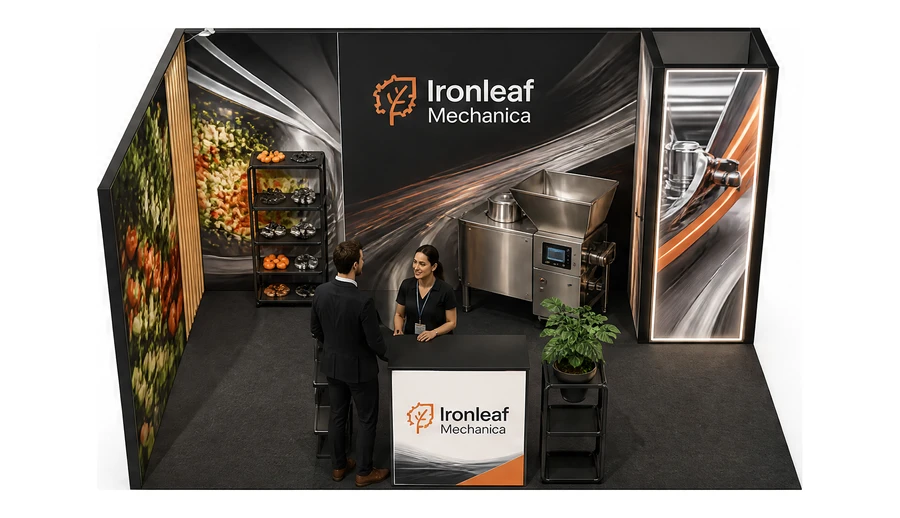 Stoisko 5 × 3 m narożne lewe dla branży technologie spożywcze, przykładowa marka Ironleaf Mechanica