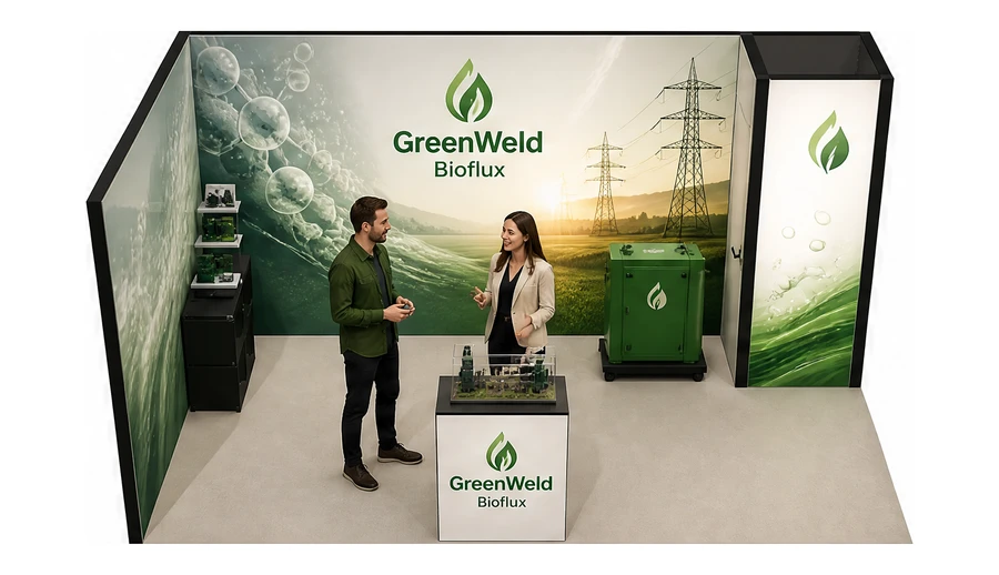 Stoisko 5 × 3 m narożne lewe dla branży biogaz i OZE, przykładowa marka GreenWeld Bioflux