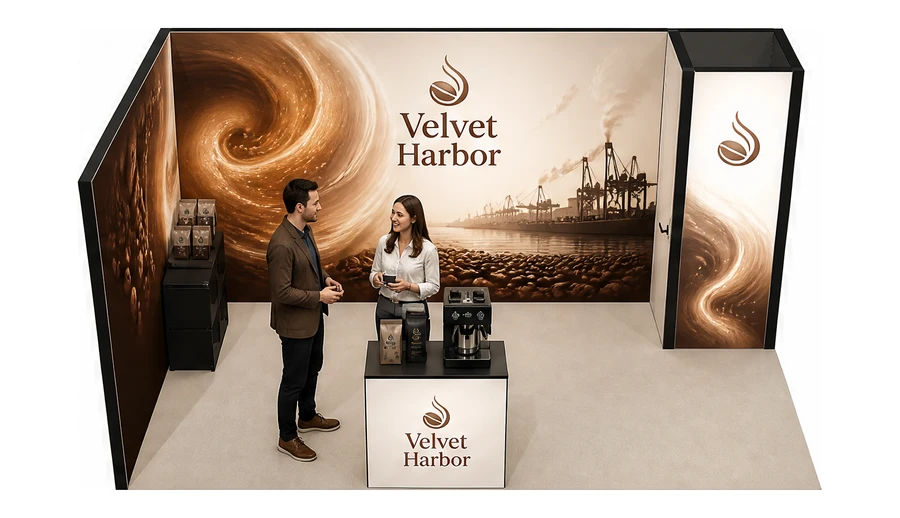 Stoisko 5 × 3 m narożne lewe dla branży palarnia kawy, przykładowa marka Velvet Harbor