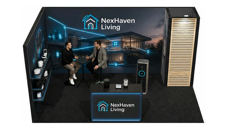 Stoisko 5 × 3 m narożne lewe dla branży smart home i IoT, przykładowa marka NexHaven Living