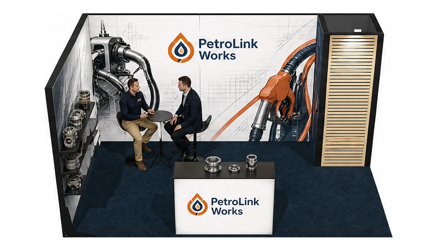 Stoisko 5 × 3 m narożne lewe dla branży stacje paliw, przykładowa marka PetroLink Works