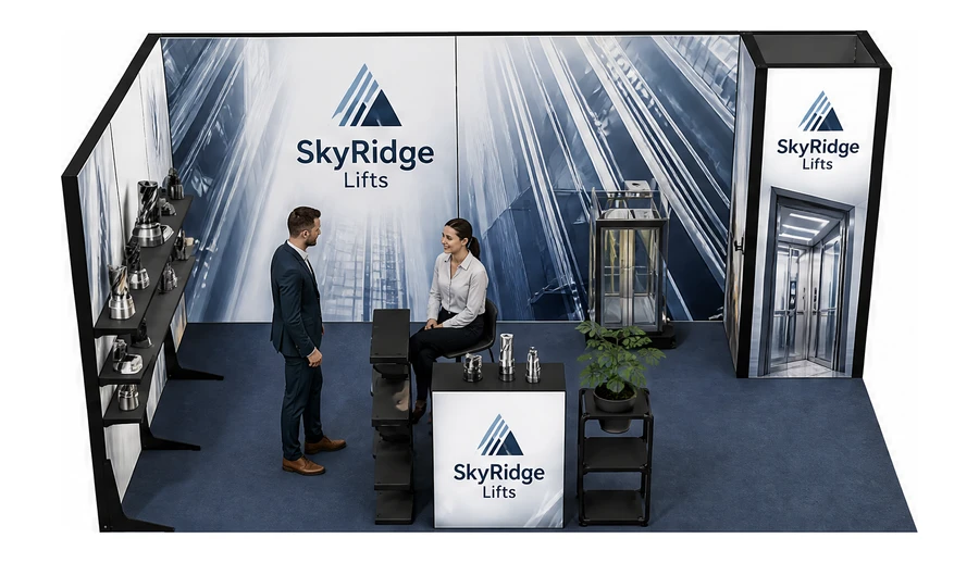Stoisko 5 × 3 m narożne lewe dla branży dźwigi i windy, przykładowa marka SkyRidge Lifts