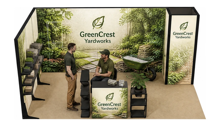 Stoisko 5 × 3 m narożne lewe dla branży ogród i architektura krajobrazu, przykładowa marka GreenCrest Yardworks