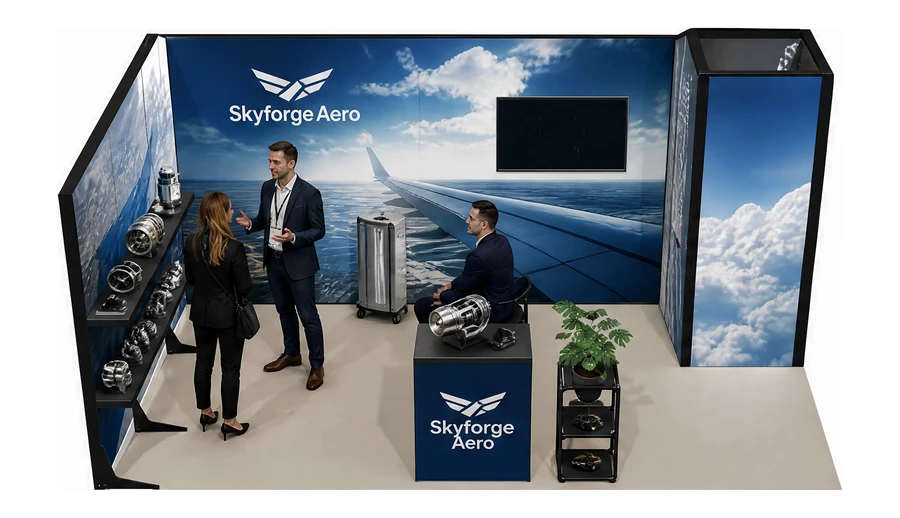Stoisko 5 × 3 m narożne lewe dla branży lotnictwo, przykładowa marka Skyforge Aero