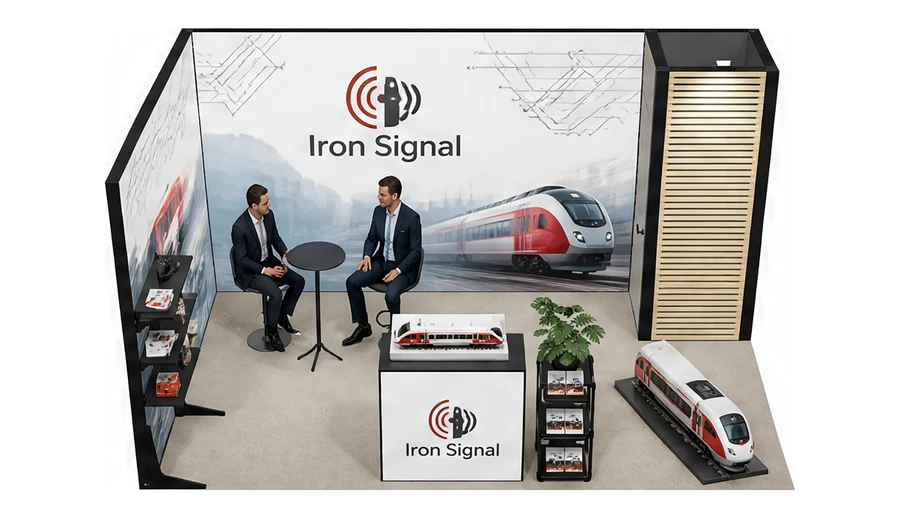 Stoisko 5 × 3 m narożne lewe dla branży kolej i tabor, przykładowa marka Iron Signal