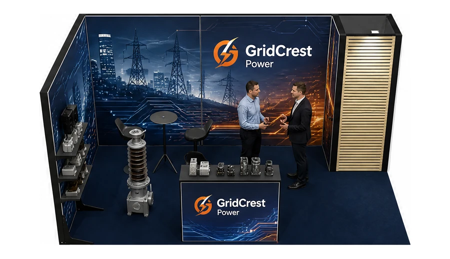 Stoisko 5 × 3 m narożne lewe dla branży energetyka i sieci, przykładowa marka GridCrest Power