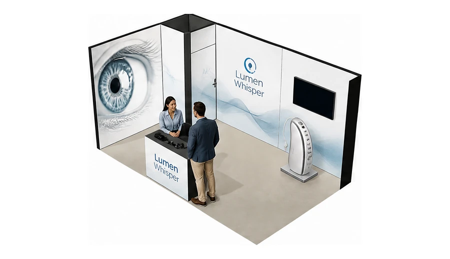 Stoisko 5 × 3 m narożne lewe dla branży optyka i audiologia, przykładowa marka Lumen Whisper