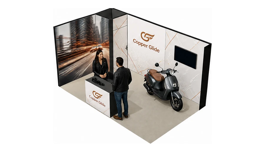 Stoisko 5 × 3 m narożne lewe dla branży motocykle i skutery, przykładowa marka Copper Glide