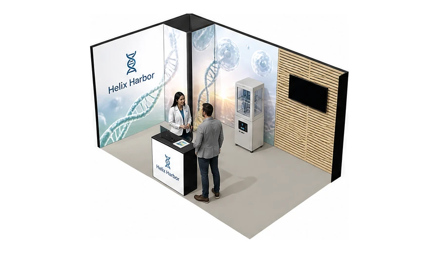Stoisko 5 × 3 m narożne lewe dla branży farmacja i biotechnologia, przykładowa marka Helix Harbor