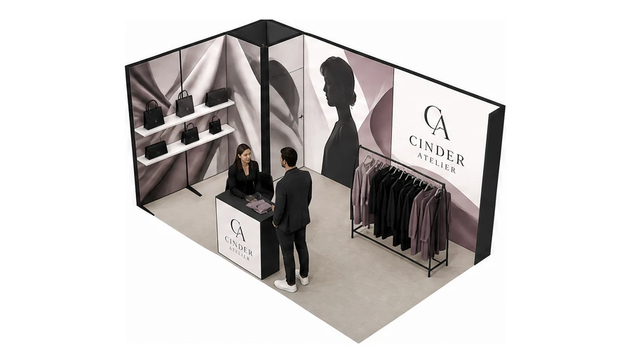Stoisko 5 × 3 m narożne lewe dla branży odzież i moda, przykładowa marka Cinder Atelier