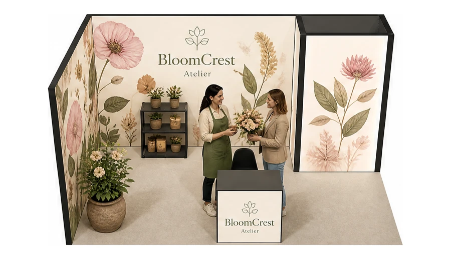 Stoisko 5 × 3 m narożne lewe dla branży rośliny i kwiaciarstwo, przykładowa marka BloomCrest Atelier