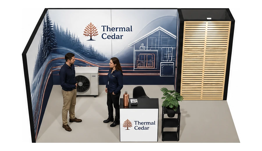 Stoisko 5 × 3 m narożne lewe dla branży pompy ciepła i ogrzewanie, przykładowa marka Thermal Cedar