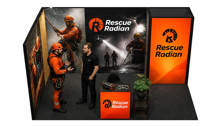 Stoisko 5 × 3 m narożne lewe dla branży ratownictwo i sprzęt ratunkowy, przykładowa marka Rescue Radian